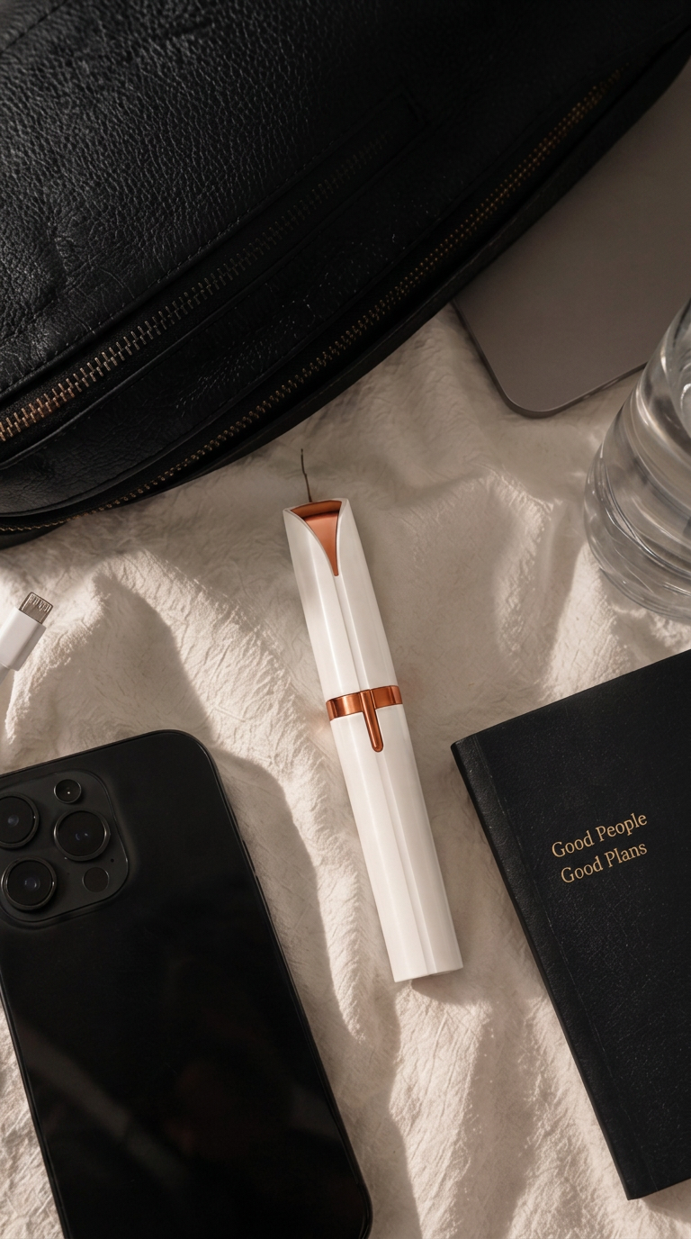 Wingman white and rose-gold groomer on a bed next to a phone, notebook and travel bag