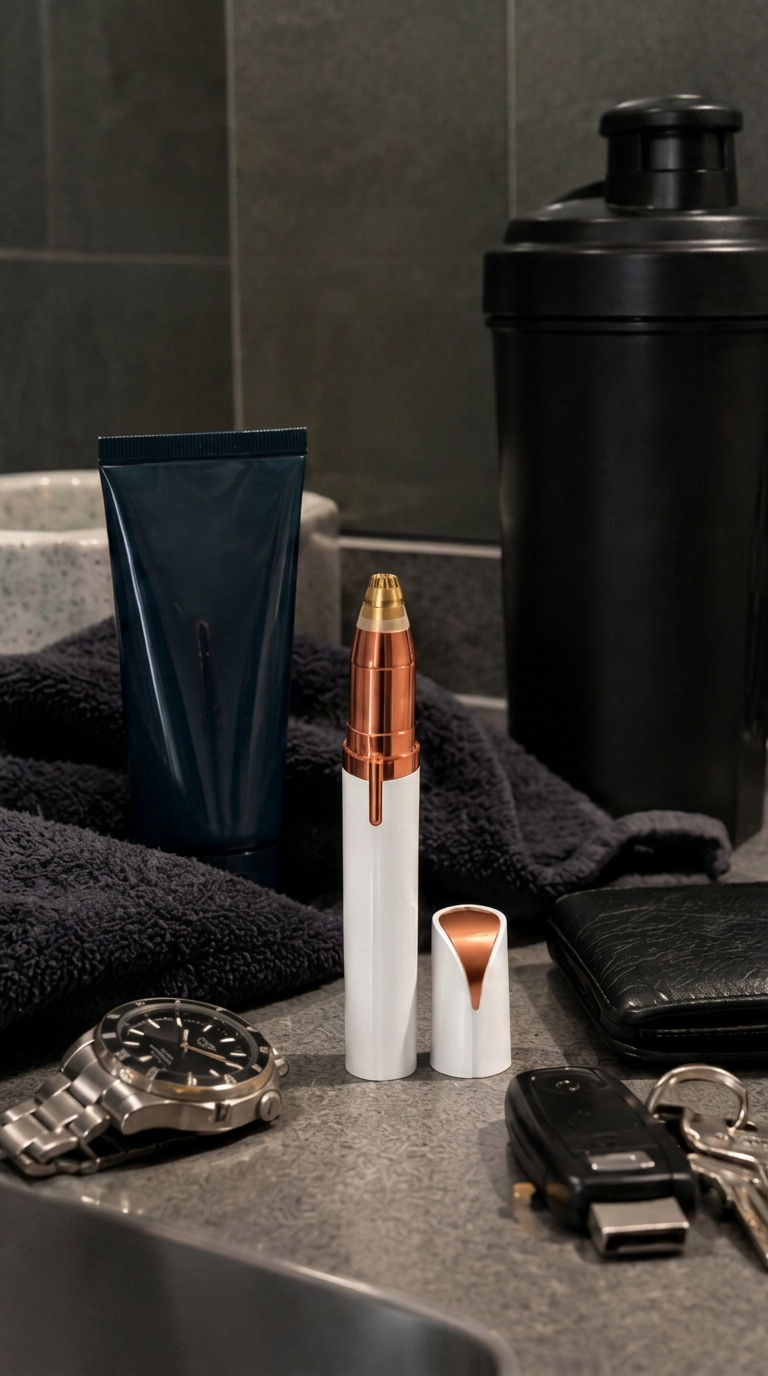 Wingman white and gold groomer on a dark bathroom counter next to a watch, keys and gym shaker