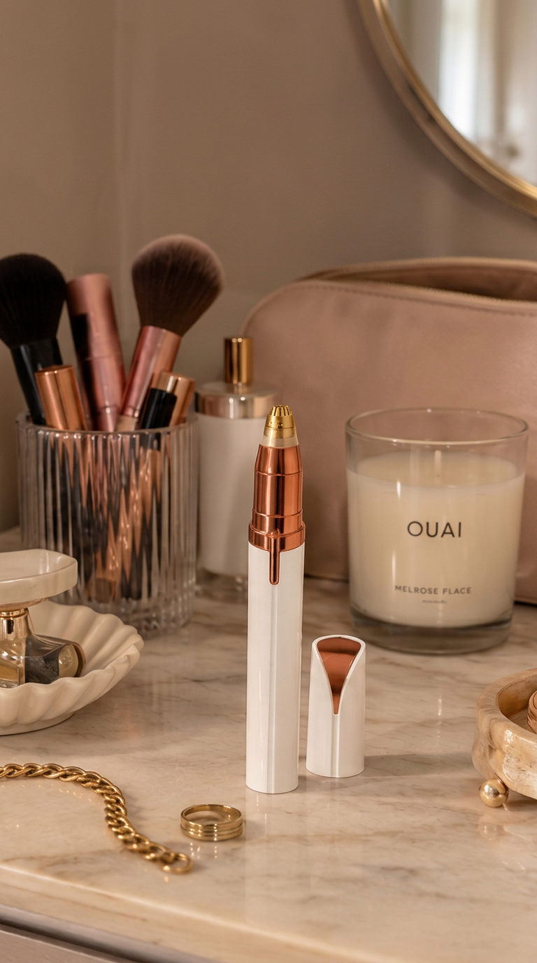 Wingman white and rose-gold groomer on a marble vanity with makeup brushes and a candle